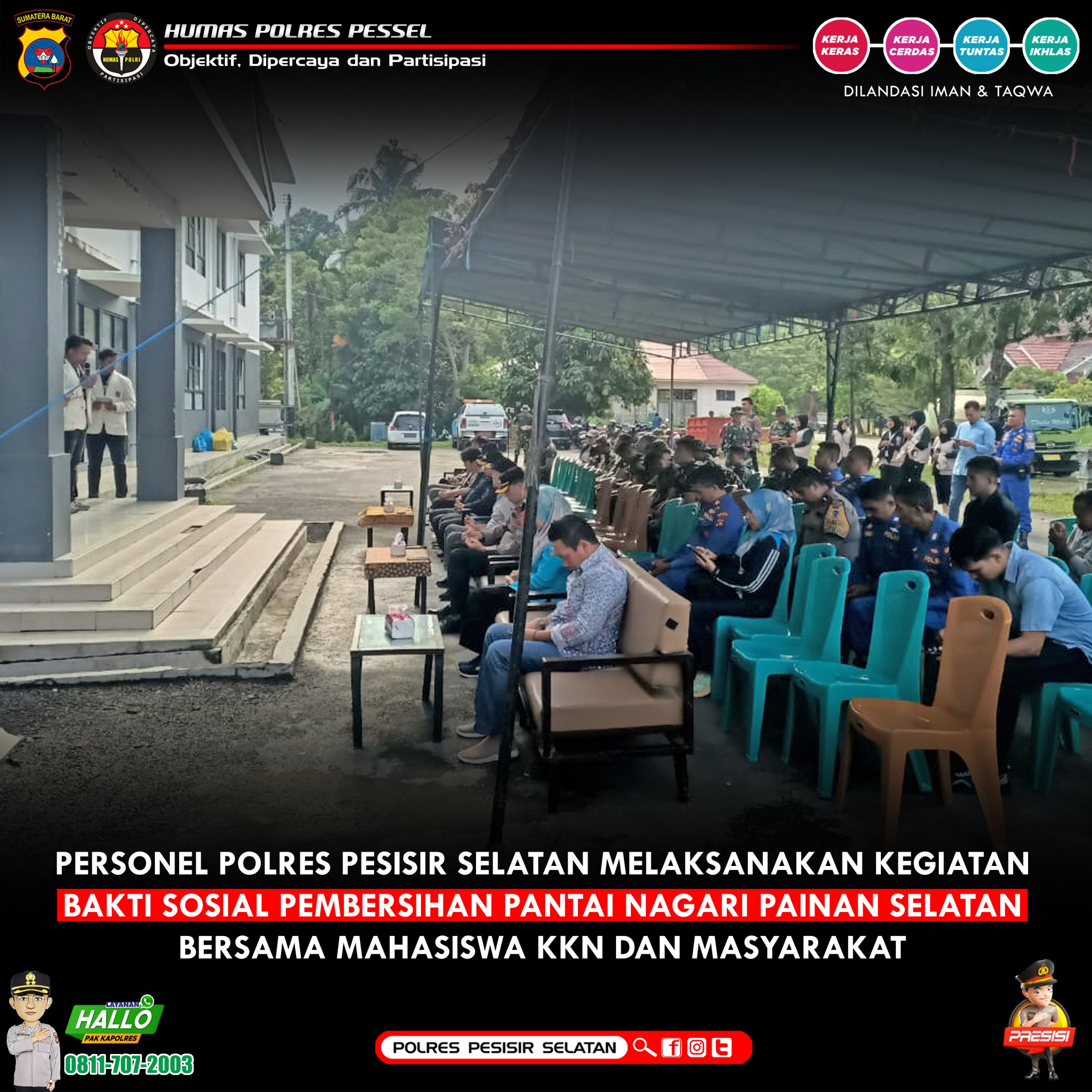 Polres Pessel Bakti Sosial Pembersihan Pantai Nagari Painan Selatan dengan Mahasiswa KKN Unev Baiturahmah