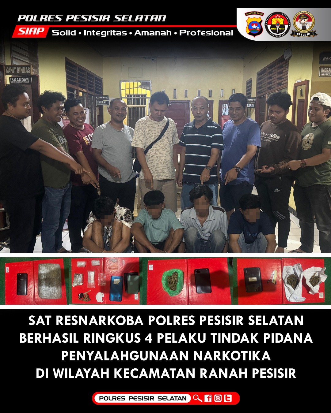 USUT TUNTAS!! Sat Resnarkoba Polres Pesisir Selatan Kembali Ringkus 4 Pelaku Penyalahgunaan Narkotika Di Wilayah Kecamatan Ranah Pesisir.