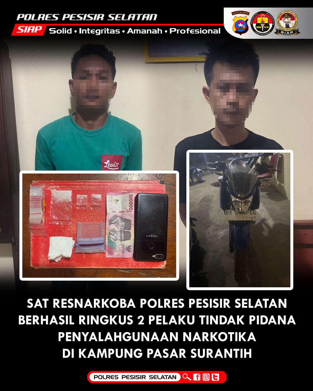 Sat Resnarkoba Polres Pesisir Selatan Berhasil Ringkus Kembali 2 Pelaku Penyalahgunaan Narkotika di Kampung Pasar Surantih.