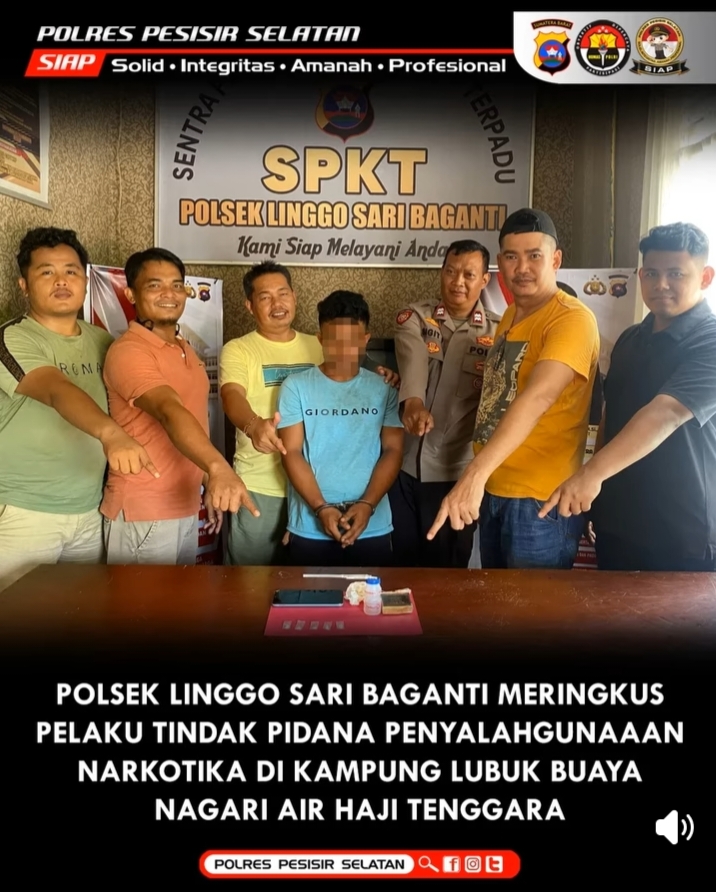 Polsek Linggo Sari Baganti Berhasil Menangkap Pelaku Pengguna Sekaligus Pengedar Narkoba di Kenagarian Air Haji Tenggara.