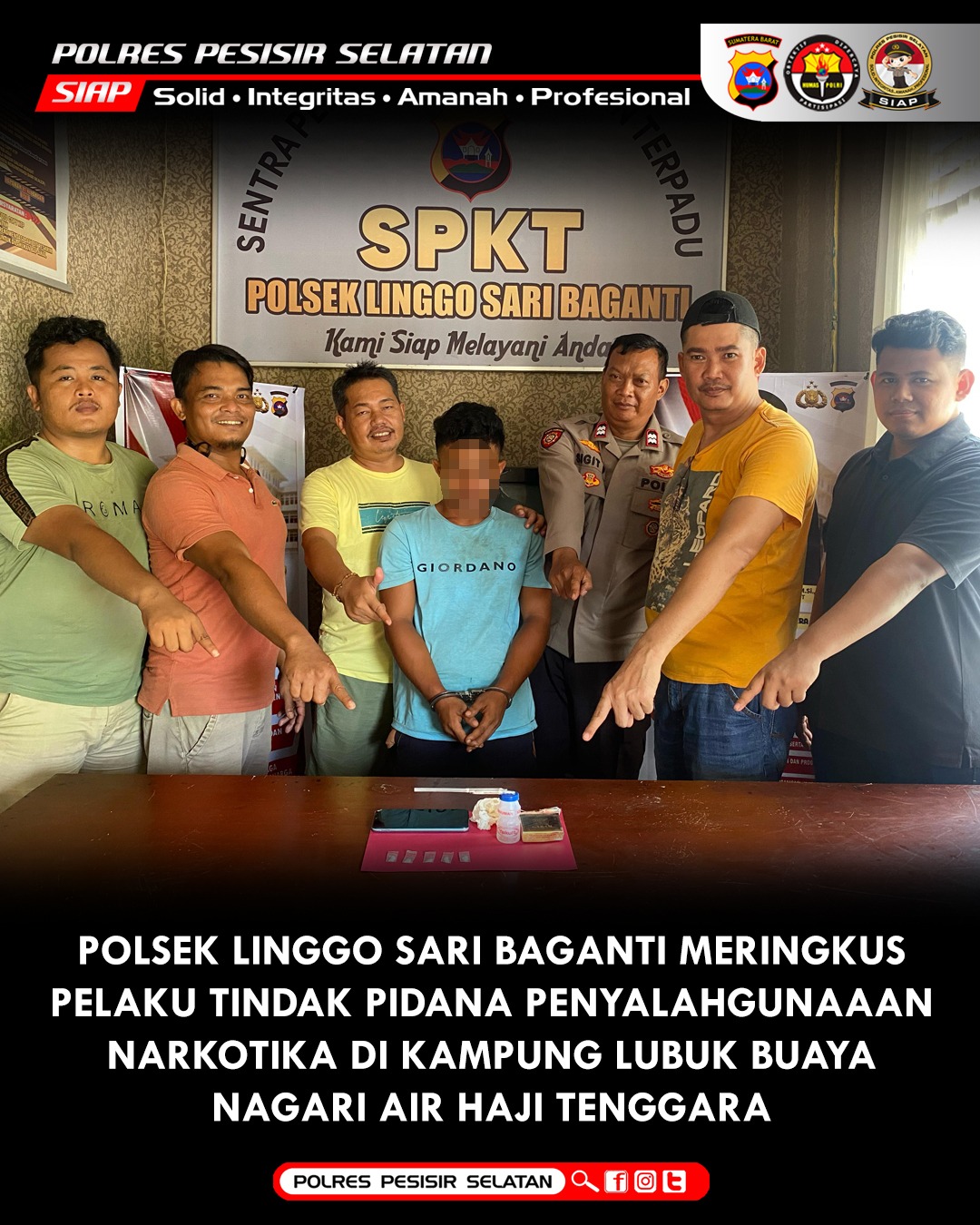 Polsek Linggo Sari Baganti Berhasil Menangkap Pelaku Pengguna Sekaligus Pengedar Narkoba di Kenagarian Air Haji Tenggara.