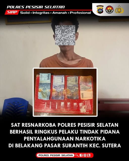 Sat Resnarkoba Polres Pesisir Selatan Amankan Satu Orang Penyalahgunaan Narkotika Di Wilayah Kecamatan Sutera.