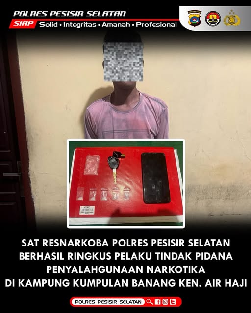 Sat Resnarkoba Polres Pesisir Selatan Tangkap Pelaku Penyalahgunaan Narkotika di Kec. Linggo Sari Baganti.