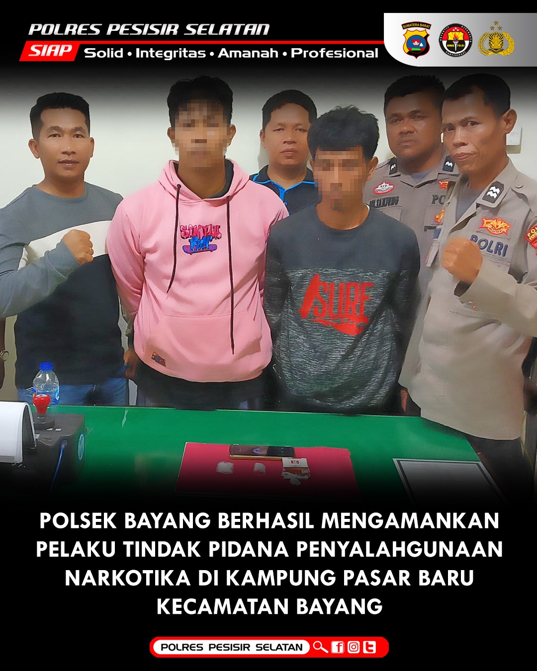 Polsek Bayang Berhasil Menangkap Pelaku Penyalahgunaan Narkoba di Kenagarian Pasar Baru.