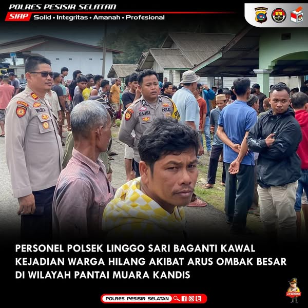 Personel Polsek Linggo Sari Baganti Kawal Kejadian Warga Hilang Akibat Arus Ombak Besar.