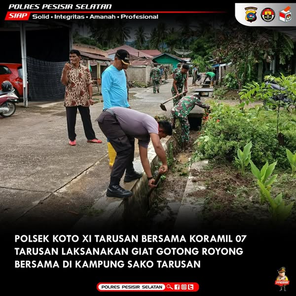 Polsek Koto XI Tarusan Bersama Koramil-07/Tarusan Laksanakan Bulan Bhakti Gotong Royong di Kampung Sako Tarusan.