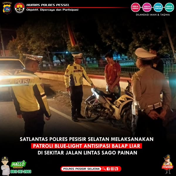 Antisipasi Balap Liar Malam Minggu Sat Lantas Polres Pessel Gelar Patroli Blue Light 