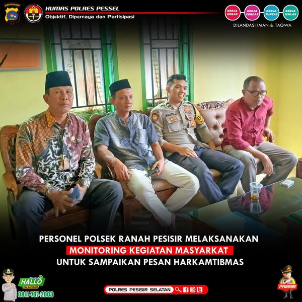 Untuk menciptakan situasi ketertiban dan keamanan masyarakat yang aman dan kondusif Bhabinkamtibmas Polsek  Ranah Pesisir  melaksanakan sambang Nagari untuk melakukan koordinasi dan tukar informasi Kamtibmas dengan Walinagari dan Perangkatnya.