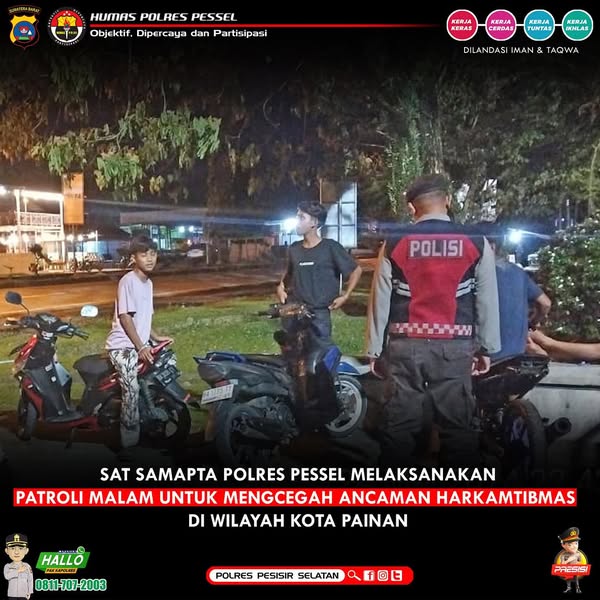Memperkuat Kewaspadaan Terhadap Potensi Tindakan Kriminalitas dan Gangguan Keamanan, Sat Samapta Polres Pessel Gelar Patroli Malam
