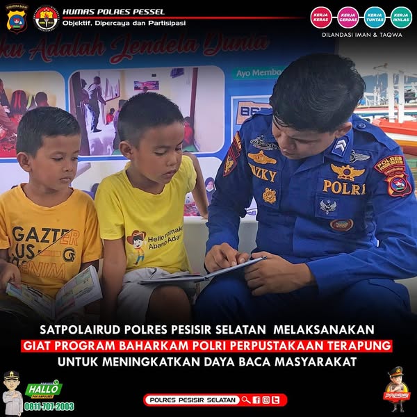 Tingkatkan Minat Baca Anak – Anak Masyarakat Pesisir Satpolairud Polres Pessel Gelar Perpustakaan Terapung