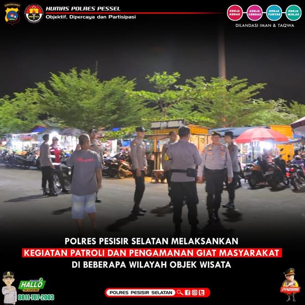 Cegah Gangguan Kamtibmas di Malam Minggu Tim Siaga A Polres Pessel Lakukan Patroli ke PPK Tarusan dan Objek Wisata