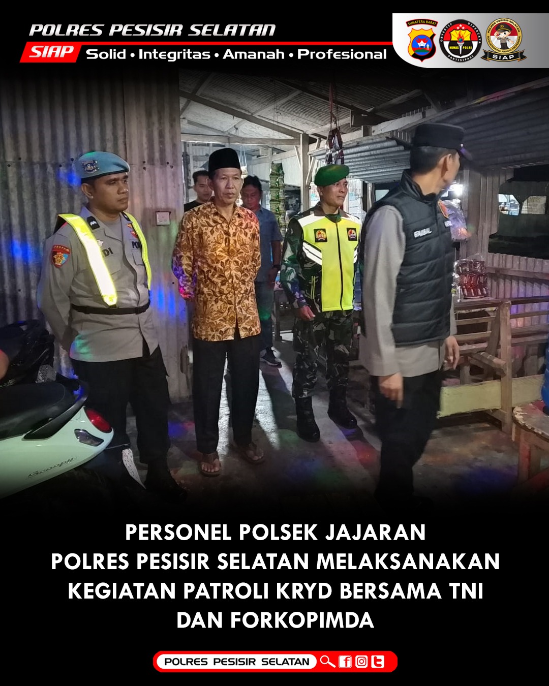 Patroli KRYD Gabungan TNI - Polri, Polsek Jajaran Polres Pessel Cegah Kejahatan di Wilayah Hukum Jelang Idul Fitri 1446 H