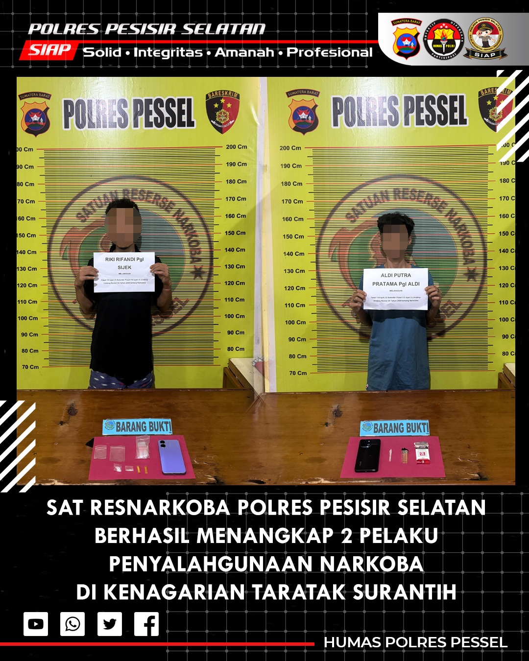 2 Pelaku Penyalahgunaan Narkotika Berhasil Ringkus Oleh Sat Resnarkoba Polres Pesisir Selatan di Kenagarian Taratak