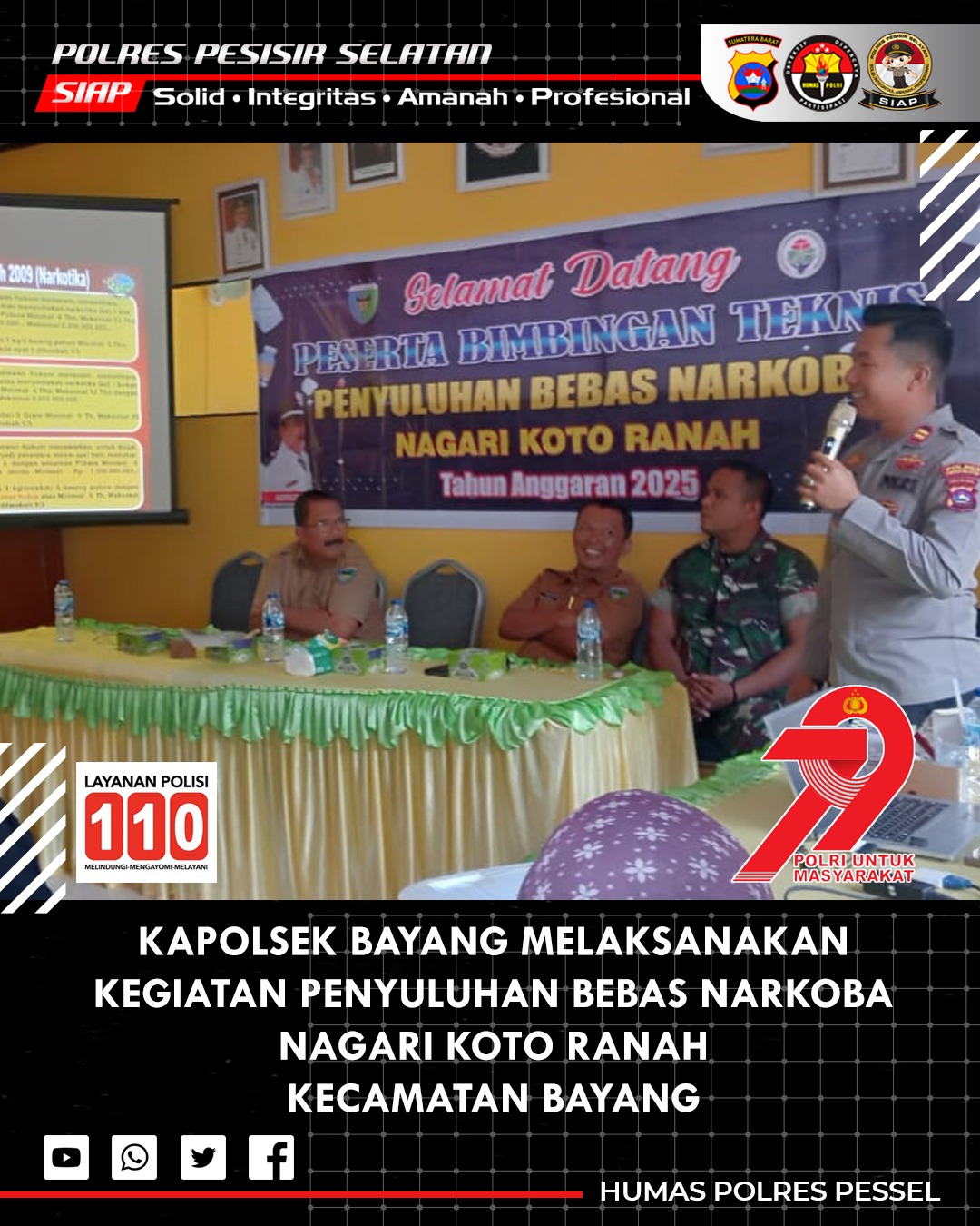 Kapolsek Bayang Jadi Narasumber Bimbingan Teknis Penyuluhan Bebas Narkoba di Koto Ranah
